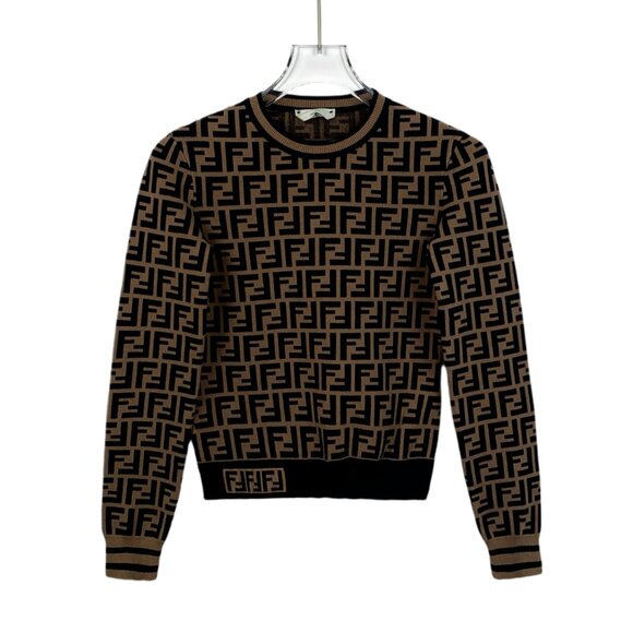 H12296 Fendi Brown Logo Letters Full Print Round Neck Long Sleeve Sweater 36 XS - Picture 1 of 6